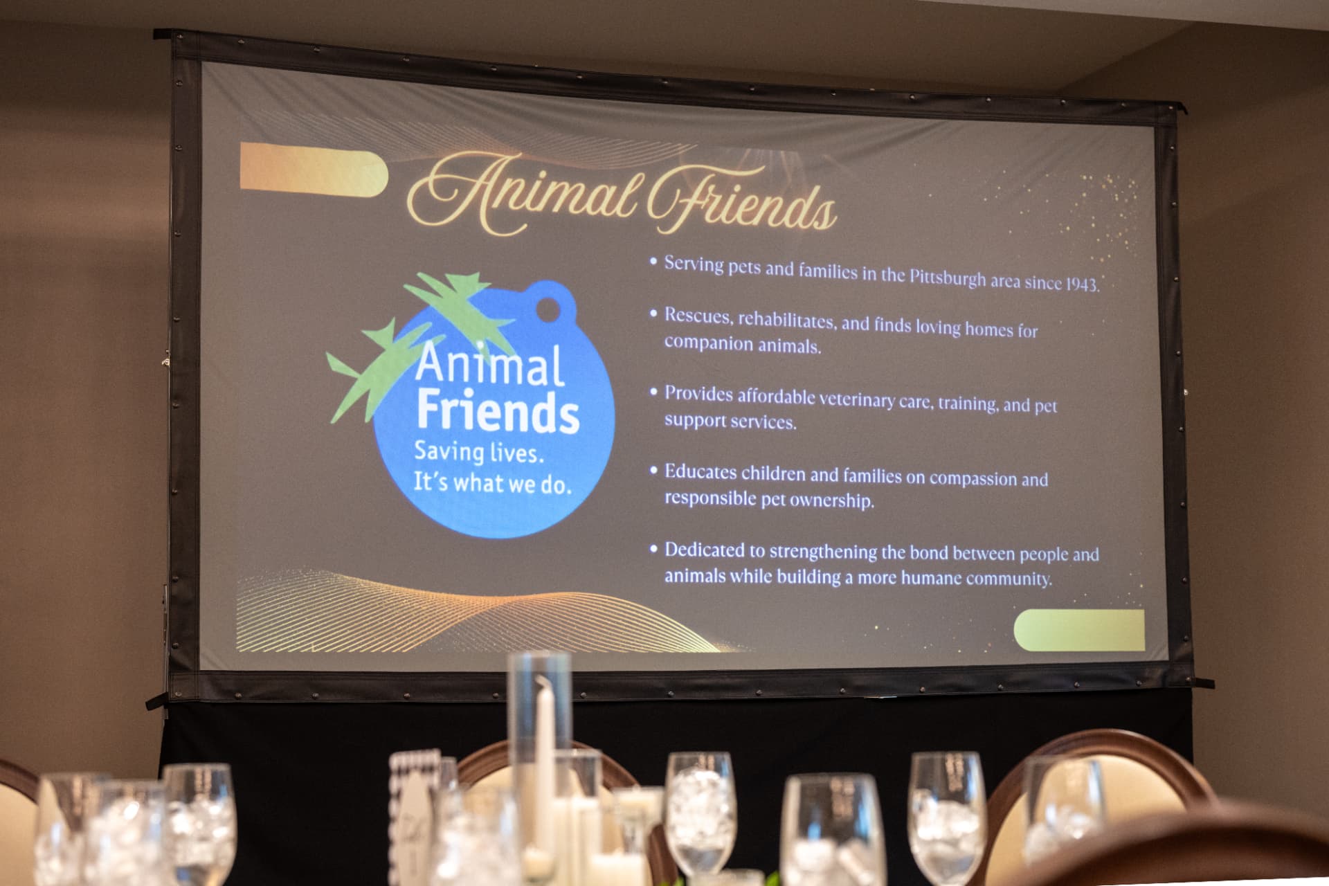 Screen introducing Animal Friends at the 2026 Gala